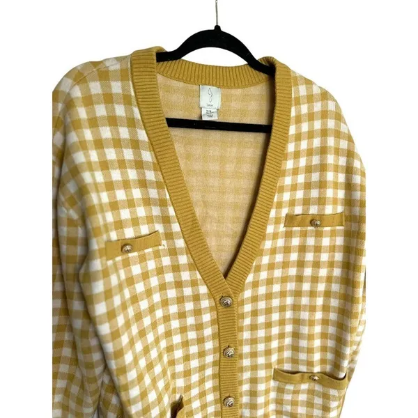 Joie Womens‎ M Oversized Butter Yellow Gingham Cardigan Preppy Academia Grandpa - Image 2