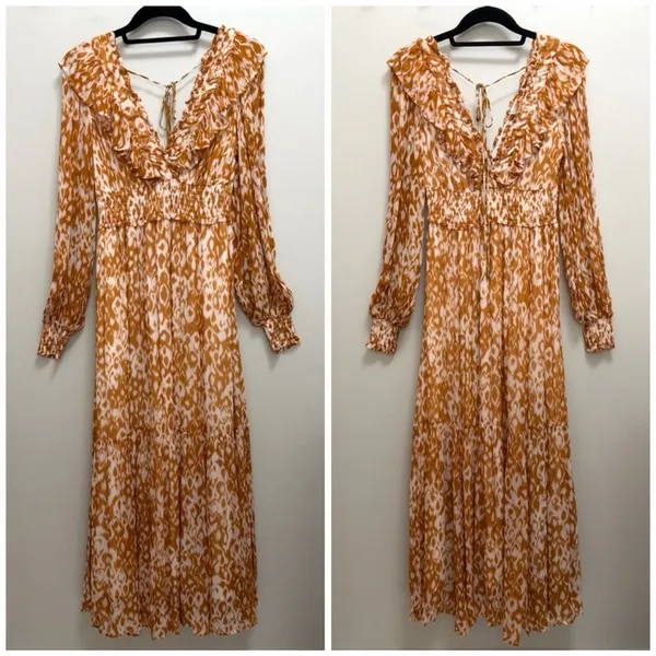 NWT Anthropologie Odetta Ruffled V Neck Maxi Dress Leopard Orange Size XS - Image 3