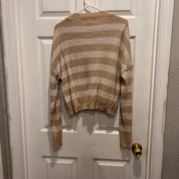 Evereve Large Kiki Cardigan Beige‎ Striped Waffle Knit Cotton Modal Sweater - Image 6
