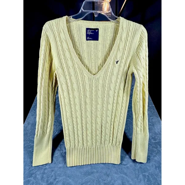 Y2K American Eagle V Neck Fitted Cable Knit Sweater Women Medium Yellow Preppy - Image 3
