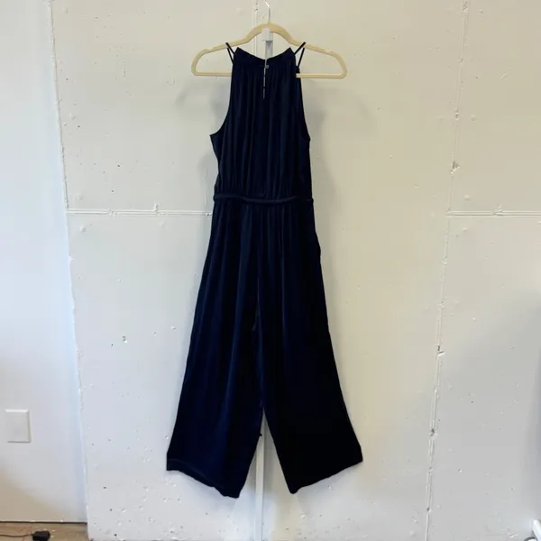 LOFT Satin Sleeveless Halter Neck Wide Leg Jumpsuit Size S 494571 Navy Blue - Image 2