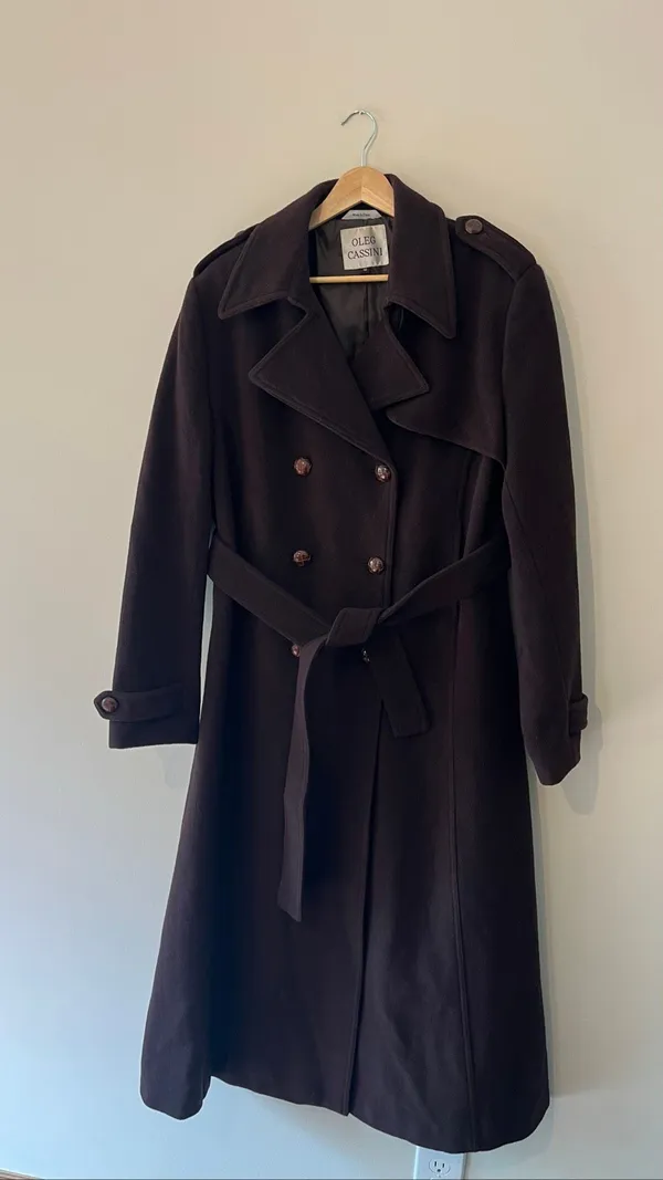 Vintage Oleg Cassini Dark Brown Wool Trench Coat Belted Double Breasted L 12 Y2 - Image 2