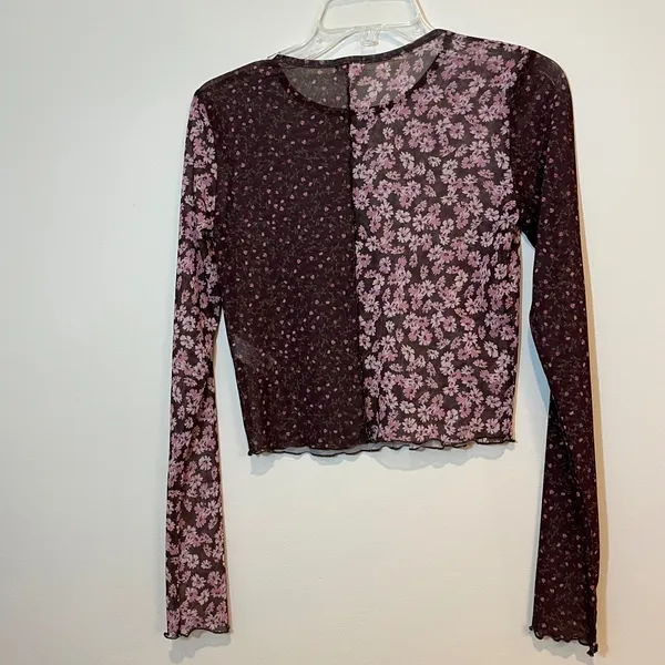 Garage Mesh Shirt Cropped Long Sleeve Pink Brown Mixed Ditsy Floral Layering Med - Image 3