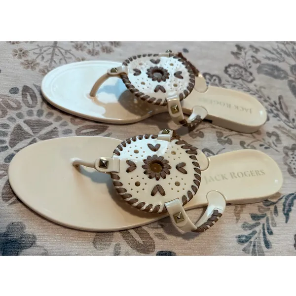 Jack Rogers Georgica Jelly Sandals Bone White Truffle Brown Thong Flip Flop Sz 9 - Image 3