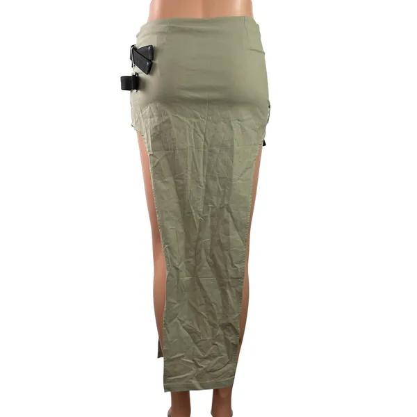 Women's Green Multi Belt Strap Low Waist Sides Slit Maxi Pencil Skort Skirt Sz S - Image 4