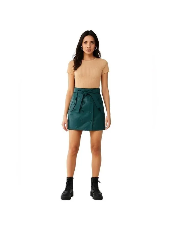 Forever 21 Faux Leather Wrap Belted Mini Skirt Green Size Medium - Image 2