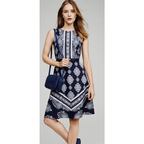 Ann Taylor Medallion Print Sleeveless Blue Cream Shift Dress‎ Women's Size 4 - Image 3
