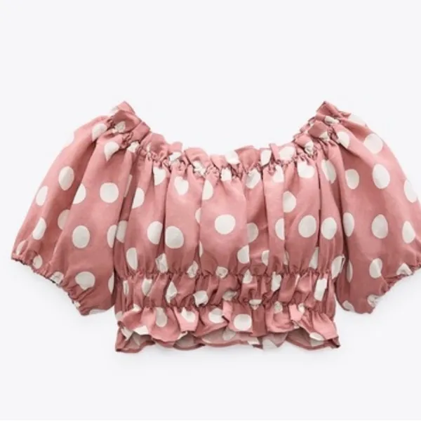 Zara Smocked Polka Dot Linen Crop Top Off-Shoulder Size Small - Image 9