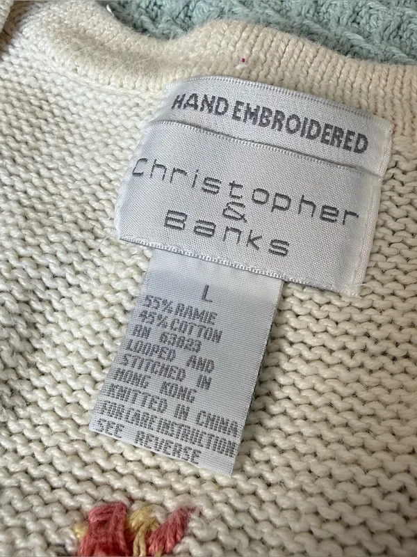 Vintage Hand Embroidered Christopher & Banks Sweater Vest Large Ivory Floral 90s - Image 4