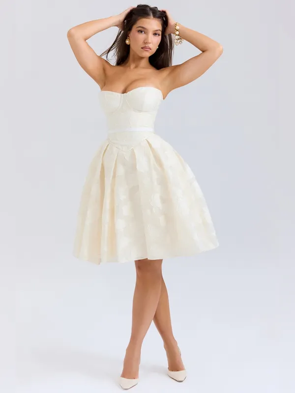 House of CB Saige Vintage Cream Floral Strapless Mini Dress L - Image 3