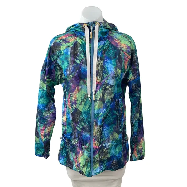Asics Studio Womens Multicolor Abstract Hoodie Anorak Windbreaker Coat Jacket XS - Image 5