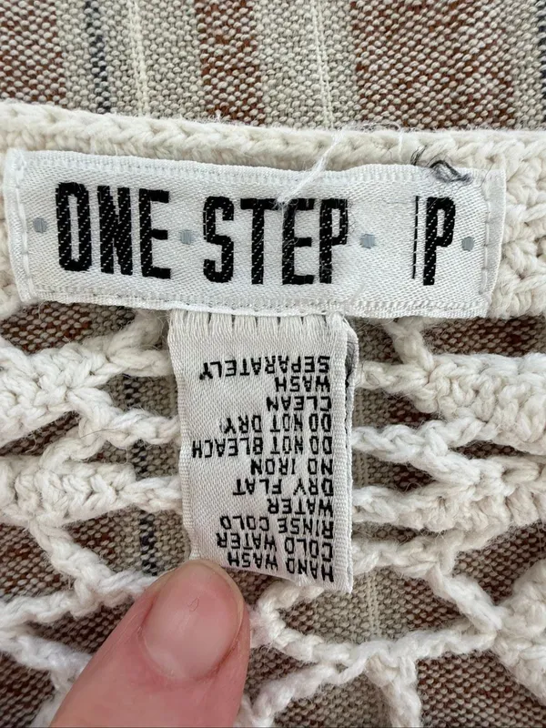 Vintage 90s Y2K One Step Up Ivory Open Knit Crochet Long Sleeve Crop Top OSFM - Image 6