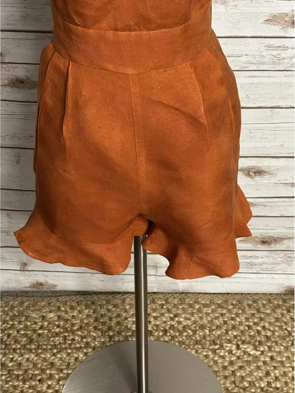 LOFT sleeveless ruffled hem romper Size 4 linen-blend rust coastal summer - Image 4