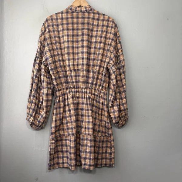 Peach Love Plaid Flannel Shirt Dress Size Small Renaissance Boho Poet Western - Image 7