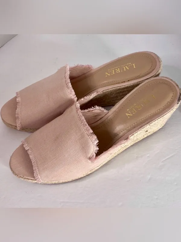 LAUREN RALPH LAUREN Wedges sz9.5 Pink Satin Fringe Espadrille Classy - Image 3