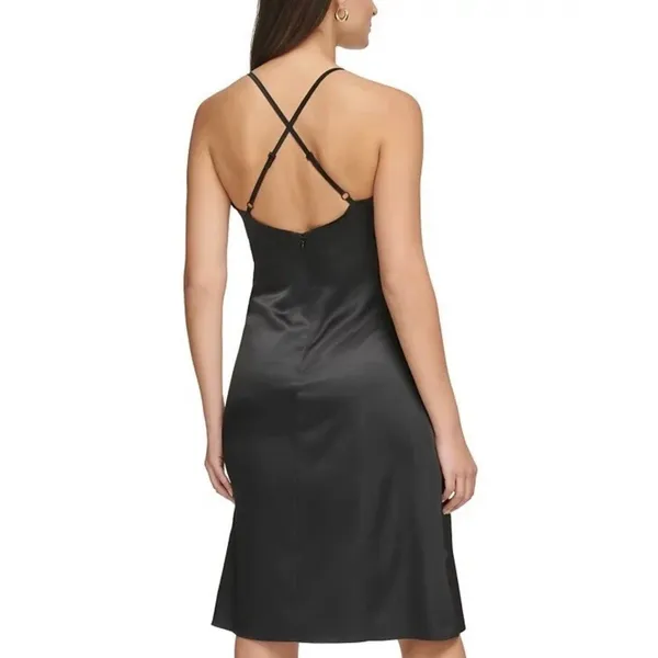 GUESS Lace-Trim Slip Dress Black Satin Midi Y2K Minimalist Wedding Guest‎ - Image 2