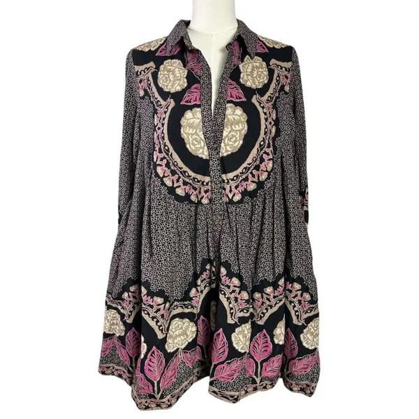 Free People Smell The Roses Mini Shirt Dress Tunic Bohemian Snap Front Medium - Image 3
