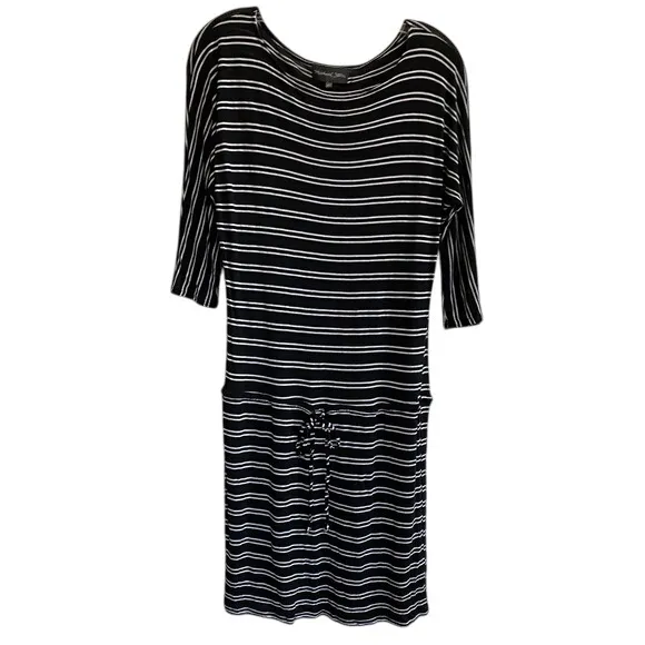 Michael Stars viscose drawstring tie waist dress black white stripes -‎ XS EUC - Image 2