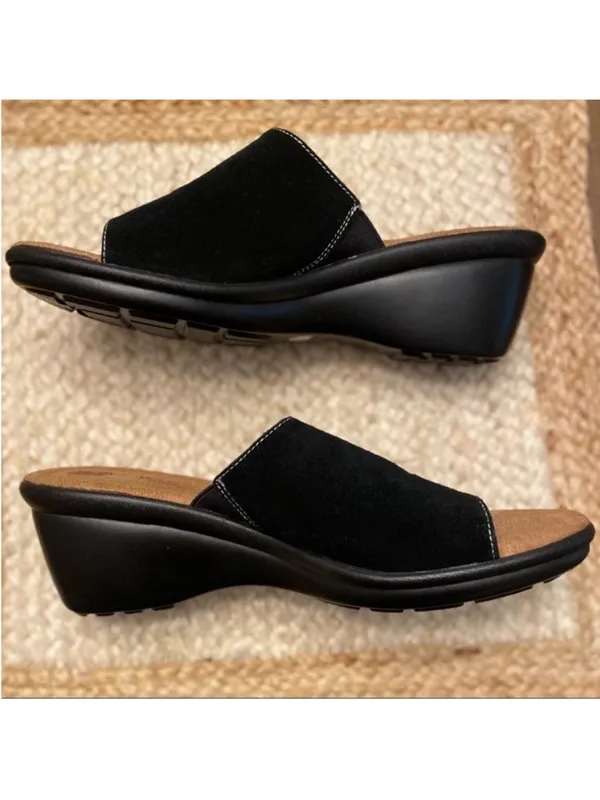 Naturalizer Women’s Natural Soul Black Hoover Suede Keyhole Slide Wedge Sandals Size 10 - Image 5