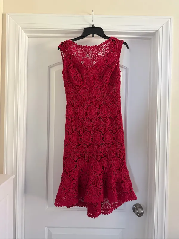 Tracy Reese Red Floral Lace High-Low Dress - Image 3