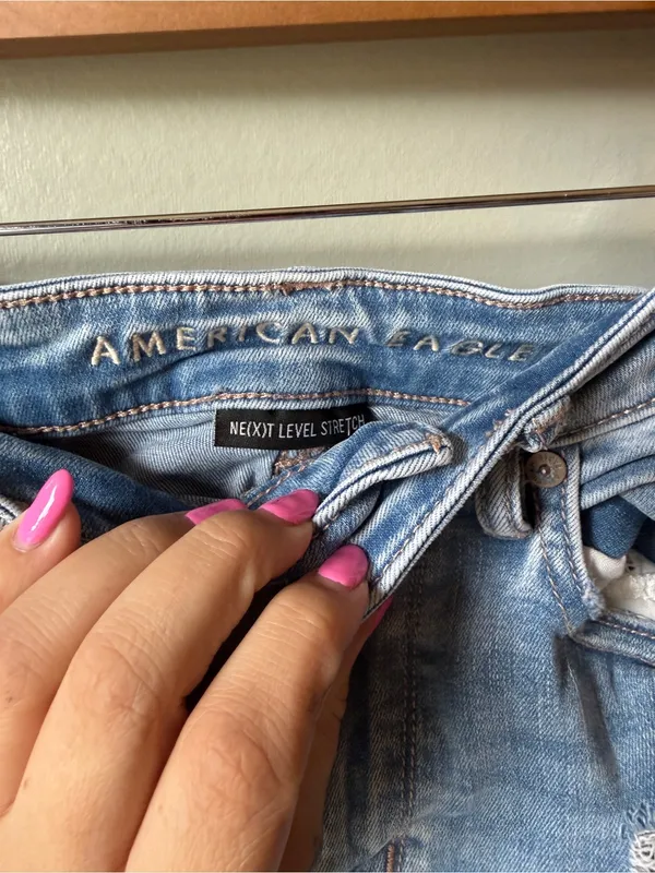 Y2K American Eagle Super High Rise Flare Jeans Distressed Raw Hem - Image 6