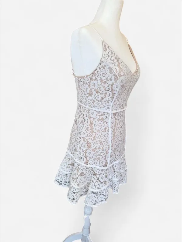 Lush White Lace Mini Dress Spaghetti Strap Ruffle Hem Size Small - Image 3