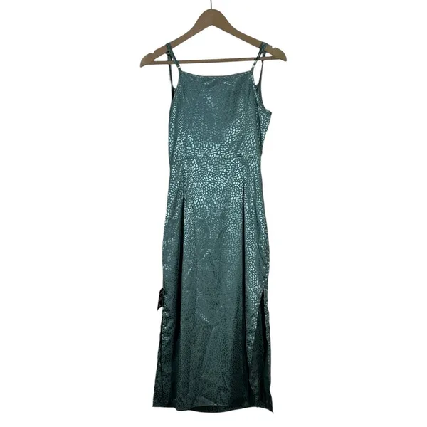 NWT Lulus Cowl Neck Jacquard Animal Print Midi Dress Sage Green Glam Slit Size S - Image 4