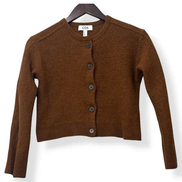COS Cardigan Sweater 100% Boiled Wool Brown Cropped Minimalist‎ Scandi Womens XS - Image 2
