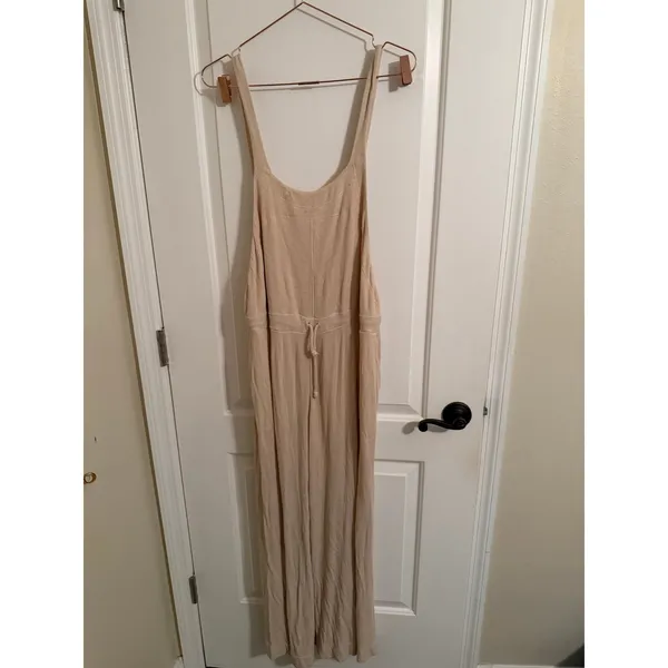 Free People‎ Jumpsuit Womens Medium FP Beach Beige Linen Blend Wide Leg Ribbed - Image 3