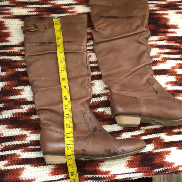RARE Unique Genuine Leather Brown knee-high western Cowboy Cowgirl Cow Paint Splatter boots kitten block heel Slouch Ruched Scrunched Round Toe #hippie #indie Women 7.5M Measurement in pics - Image 4