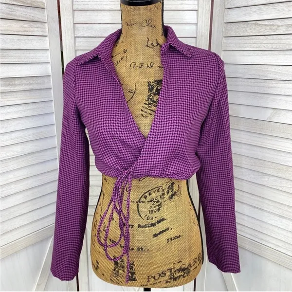 Zara Houndstooth Cropped Polo Top Purple Black‎ Small Long Sleeve Deep V-neck - Image 3