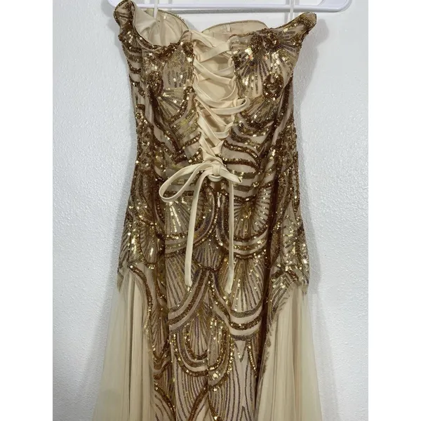Angel Fashions Strapless Gold Sequin Beaded Long Gown Dress Women Size L - Image 7