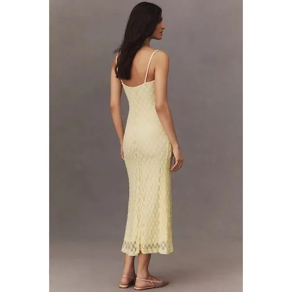 No Comment Yellow Mesh Lace Trim Y2K Bodycon Midi Dress‎ Size XL - Image 2