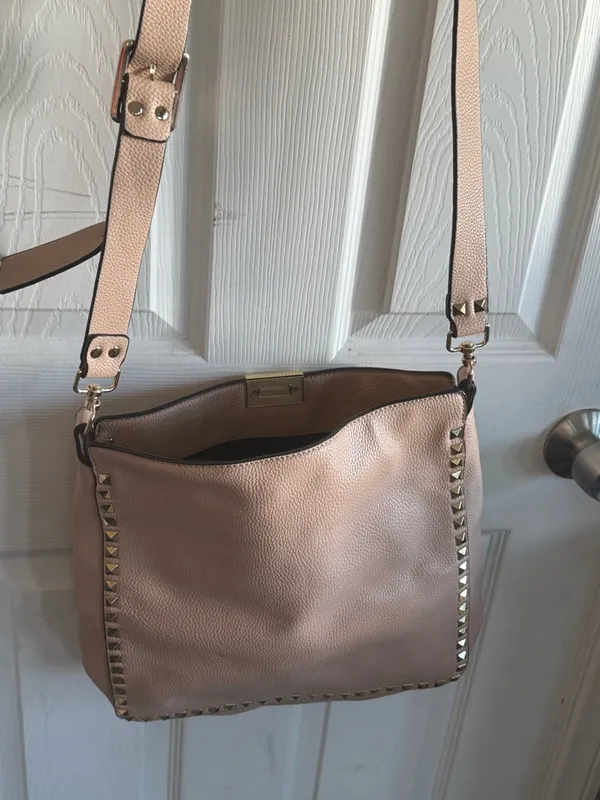 Pebbled Leather Shoulder Bag with Stud Trim in Taupe - Image 6