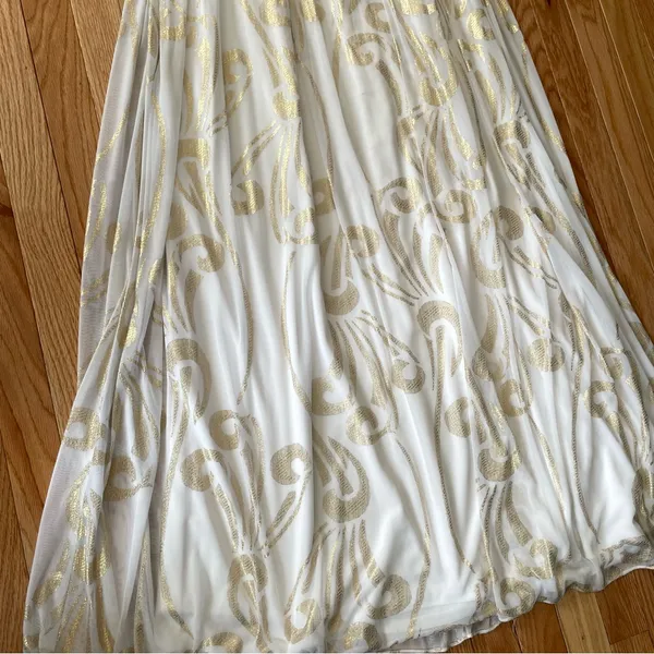 Ethereal Grecian Strapless Maxi Dress Womens 12 White Gold Beaded Formal Gown - Image 5