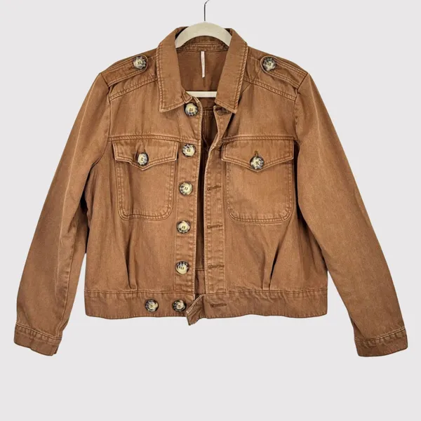 Free People Womens Denim Jacket Brown Eisenhower Slouchy Cropped Jean Medium - Image 2