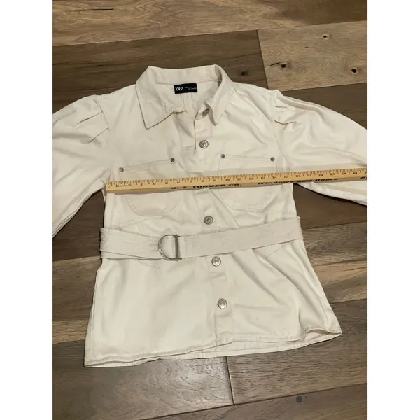 Zara Womens Beige Puff Sleeve Denim Jacket with Belt Size M - Image 6