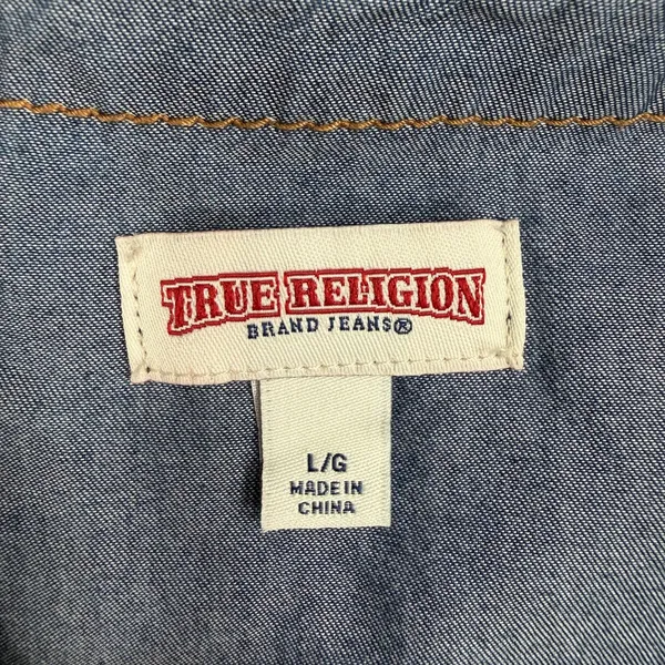 True Religion Large Denim Mini Shirt Dress Lace Up Blue Chambray Cotton Lyocell - Image 6
