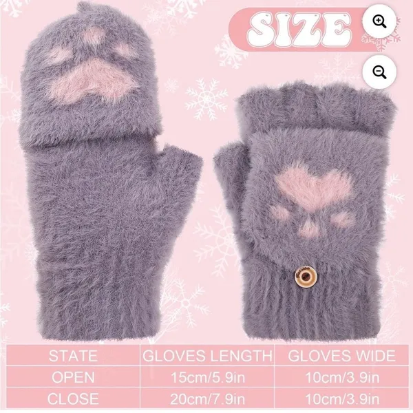 Gray and White Cozy Fingerless Gloves with Paw Print - Image 4