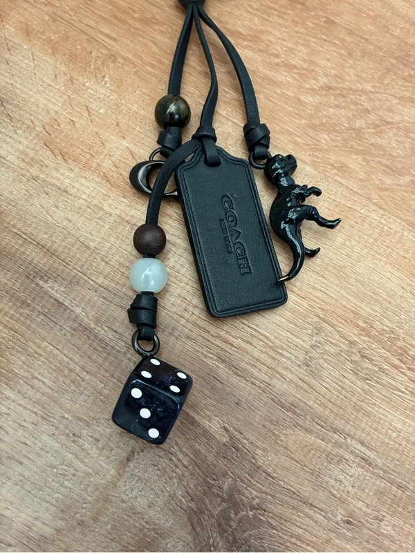Coach Heritage Black Leather Loop Charm Keychain with Beads, Rexy Dinosaur, Dice - Image 5