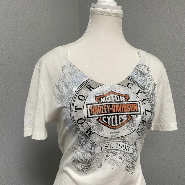 Harley Davidson White Graphic Tee Shirt Silver Floral Print Big Barn Carnival - Image 2