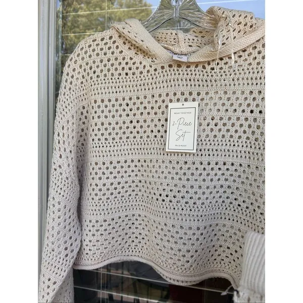 NWT Sincerely Jules Beige 2 Pc Open Knit set Hooded Flare Pants XL Vacation - Image 2