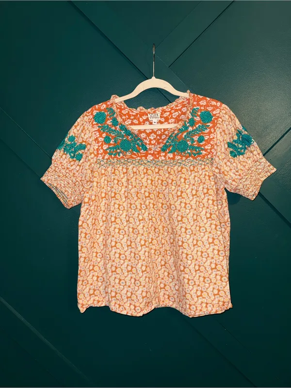 Sister Mary Floral Embroidered Coral Blouse Teal Boho Peasant Top Cottagecore - Image 2