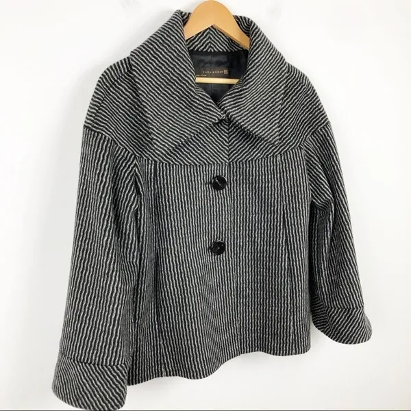Zara wool retro jacket with big buttons gray and black pattern, wide sleeves M - Image 12