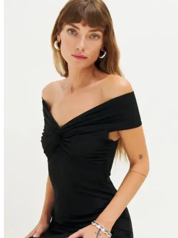 Reformation Vida Knot Front Off Shoulder Knit Midi Maxi Dress Black LBD - Image 8