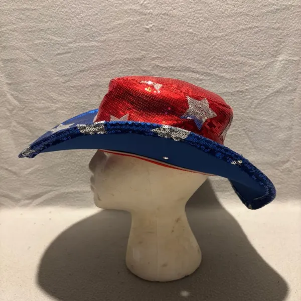 American Stars Sequinned Red and Blue Western Cowboy Patriotic Hat - Image 4
