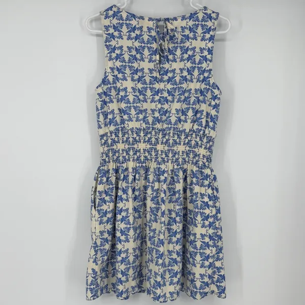 Blue Floral Smocked Waist Sleeveless Mini Dress Size Medium Cottage‎ - Image 2