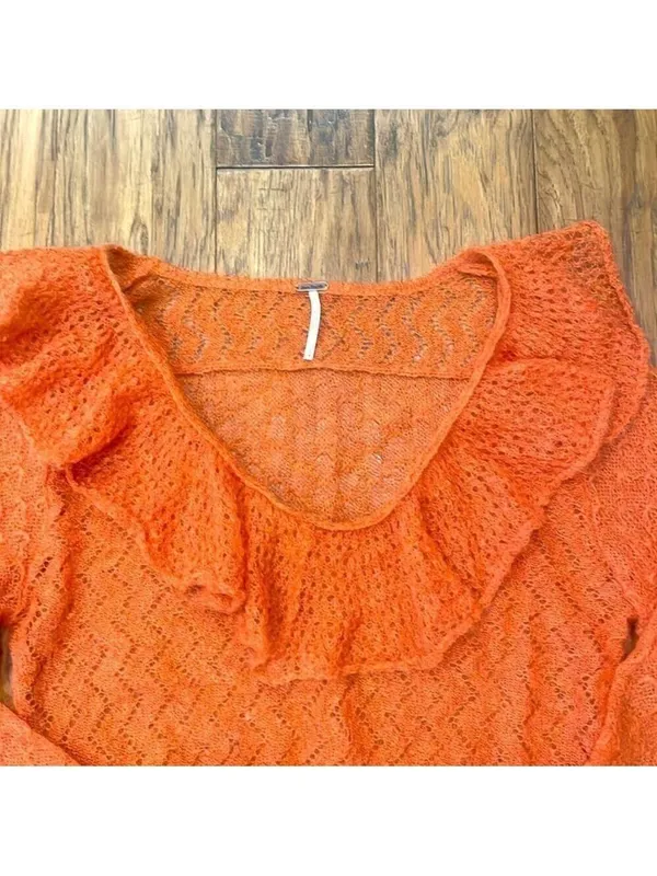 Free People Macaroon Ruffled Neck Mohair Wool Sweater Burnt Orange Ruffle size L - Image 8