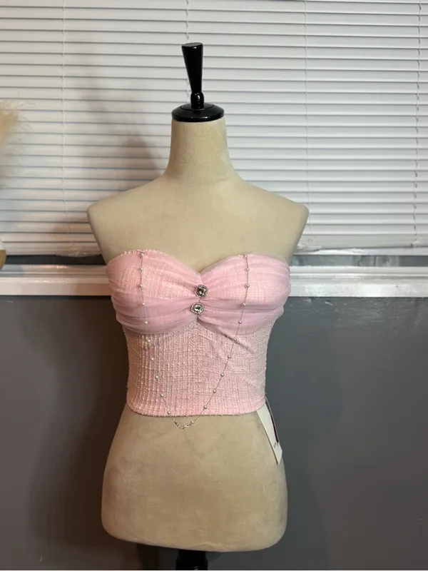 NWT Pink Tweed Bustier Tube Top Rhinestone Coquette Balletcore Corset Crop Top - Image 7