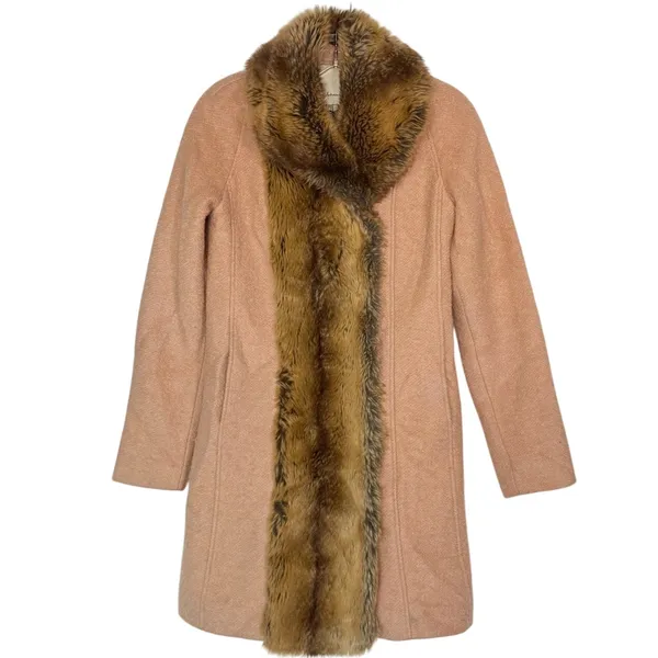 Anthropologie Elevenses Divna Wool Coat Faux Fur Collar & Trim Size 0 Blush Pink - Image 4